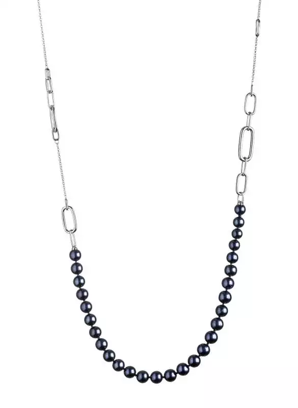 Elegante Design-Silberkette Perlen klein schwarz rund 6-7 mm, 87 cm, variable Länge, 925er Silber Gaura Pearls, Estland